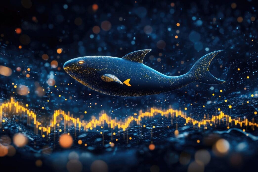 A glowing whale swims above a colorful, data-driven seabed.
