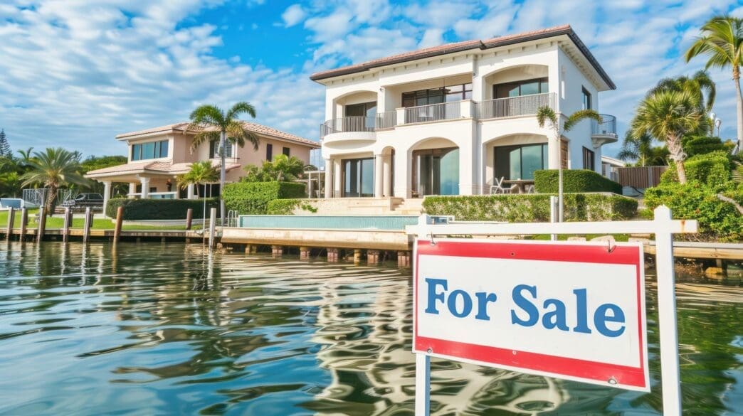 A "For Sale" sign stands in front of a luxurious waterfront property, representing high-end real estate.