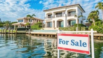 A "For Sale" sign stands in front of a luxurious waterfront property, representing high-end real estate.