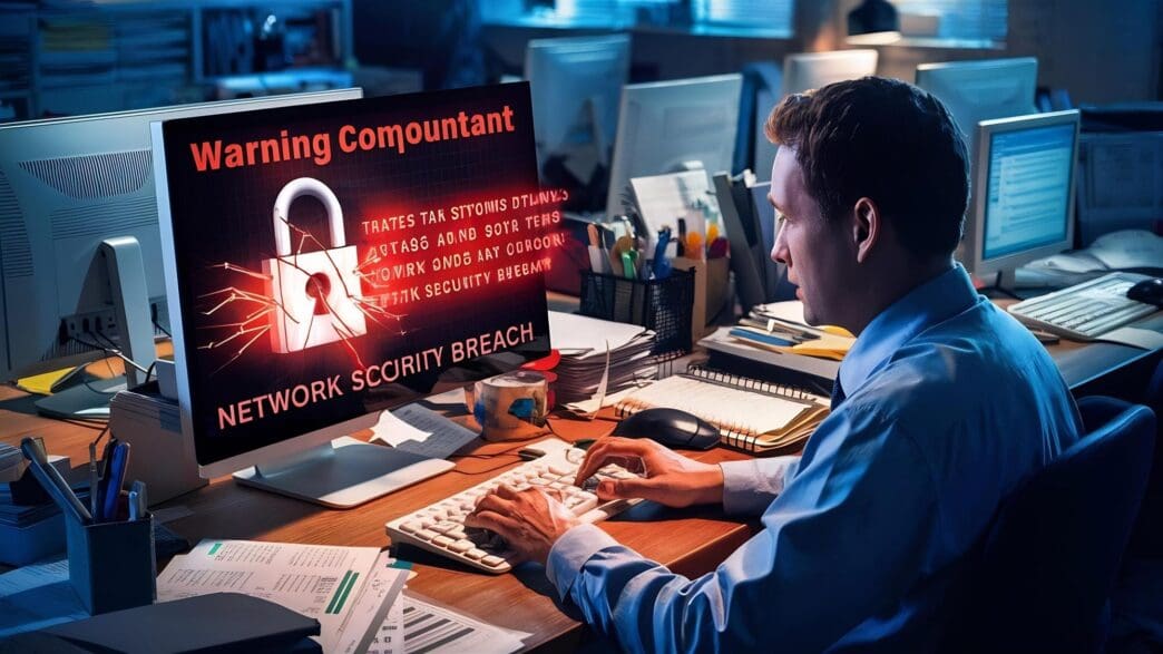 A male accountant types on a computer with a network security warning message displayed on the screen.