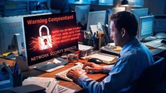 A male accountant types on a computer with a network security warning message displayed on the screen.