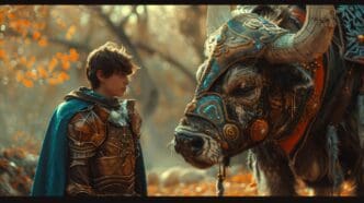 A young male knight in a robe stands next to a spirit animal, ready for an adventure.