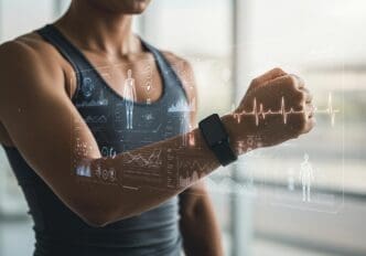 A man looks at a smartwatch displaying health and fitness data.