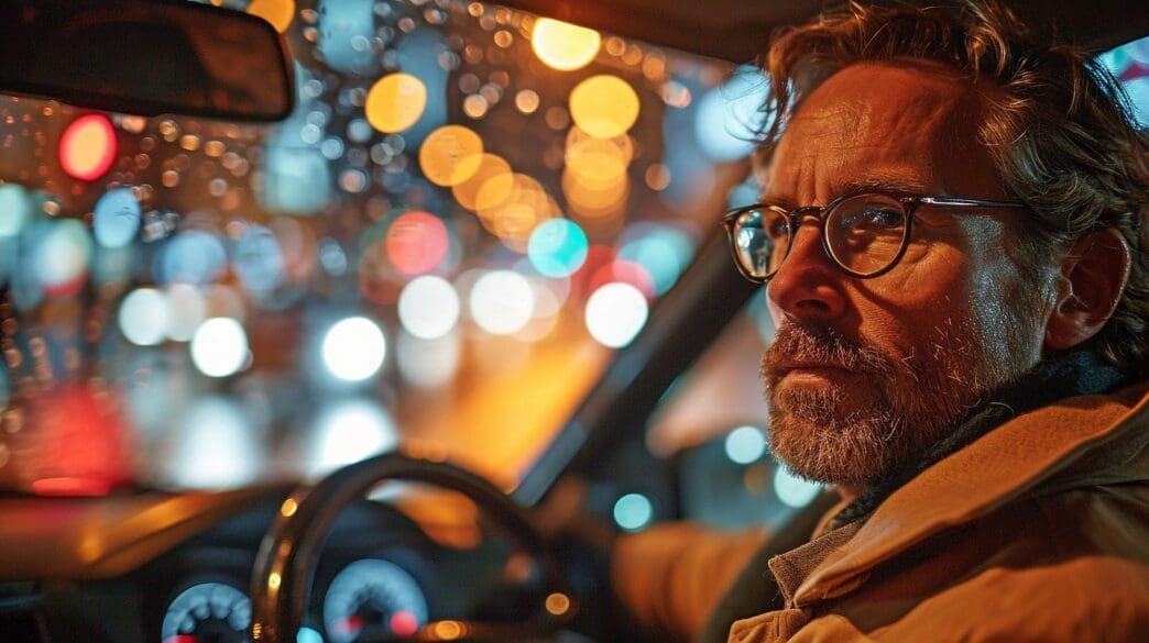 A man drives a car at night, sitting behind the steering wheel.