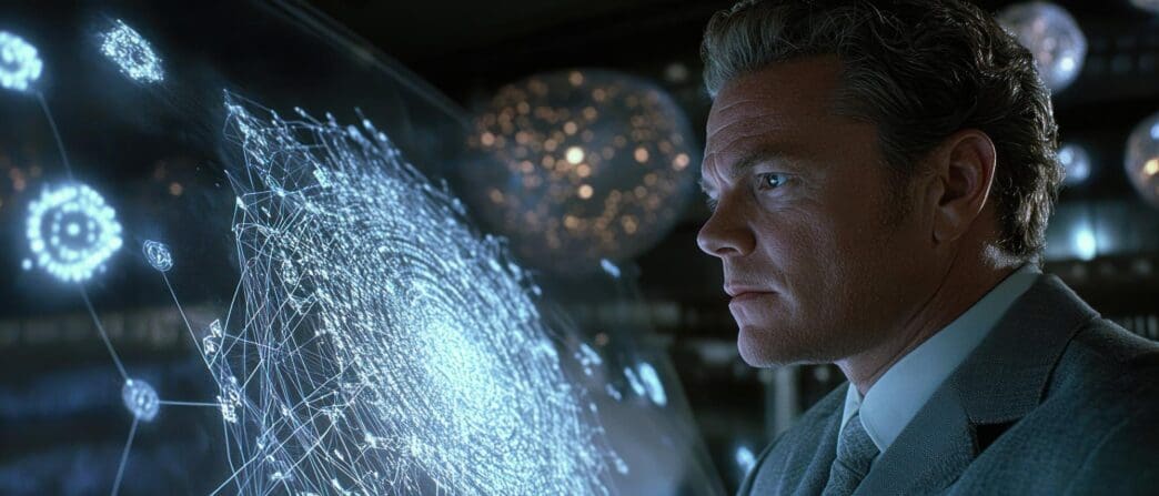 A man examines a complex, colorful digital network pattern displayed on a large screen.