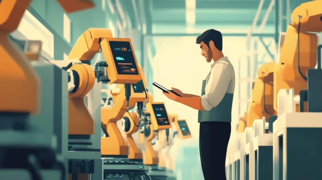 A man in a factory setting inspects industrial robots.
