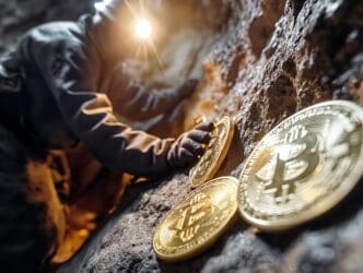 A man digs in the dirt, holding three gold coins.