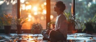 A man meditates by a window, bathed in a warm, golden light.