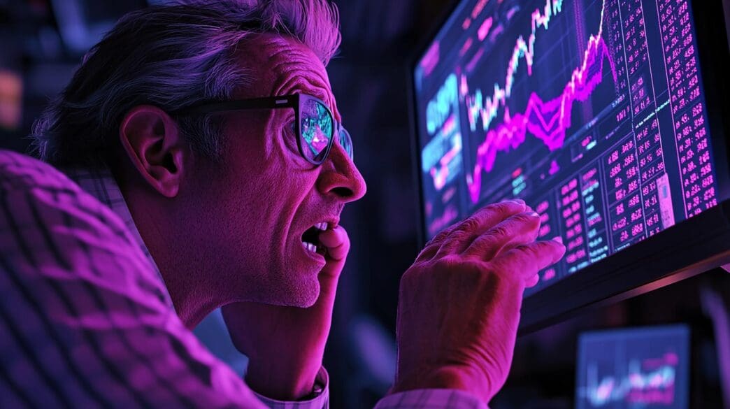 A man stares in shock at a large computer monitor displaying plummeting stock market charts.