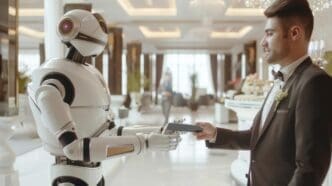 A man in a suit stands at a hotel reception desk next to a humanoid robot.