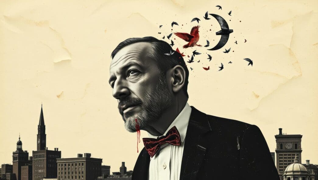 A man's head is open, with birds in flight emerging from the opening.