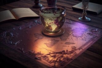 A world map sits on a wooden table next to a glass of water.