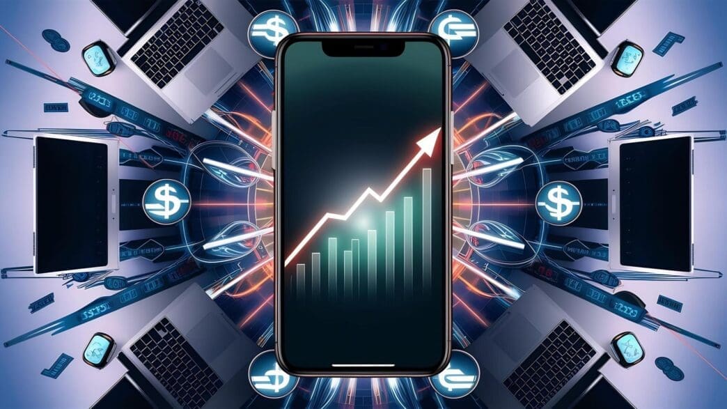 A smartphone displays a graph illustrating market trends.