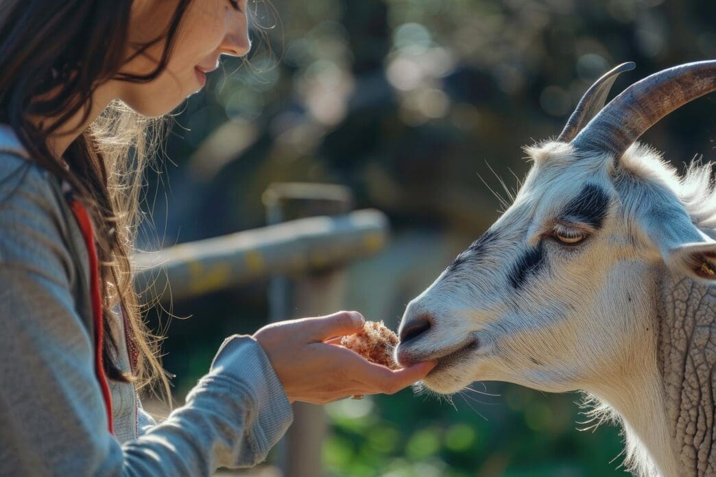 A woman in a medium shot is feeding an animal.
