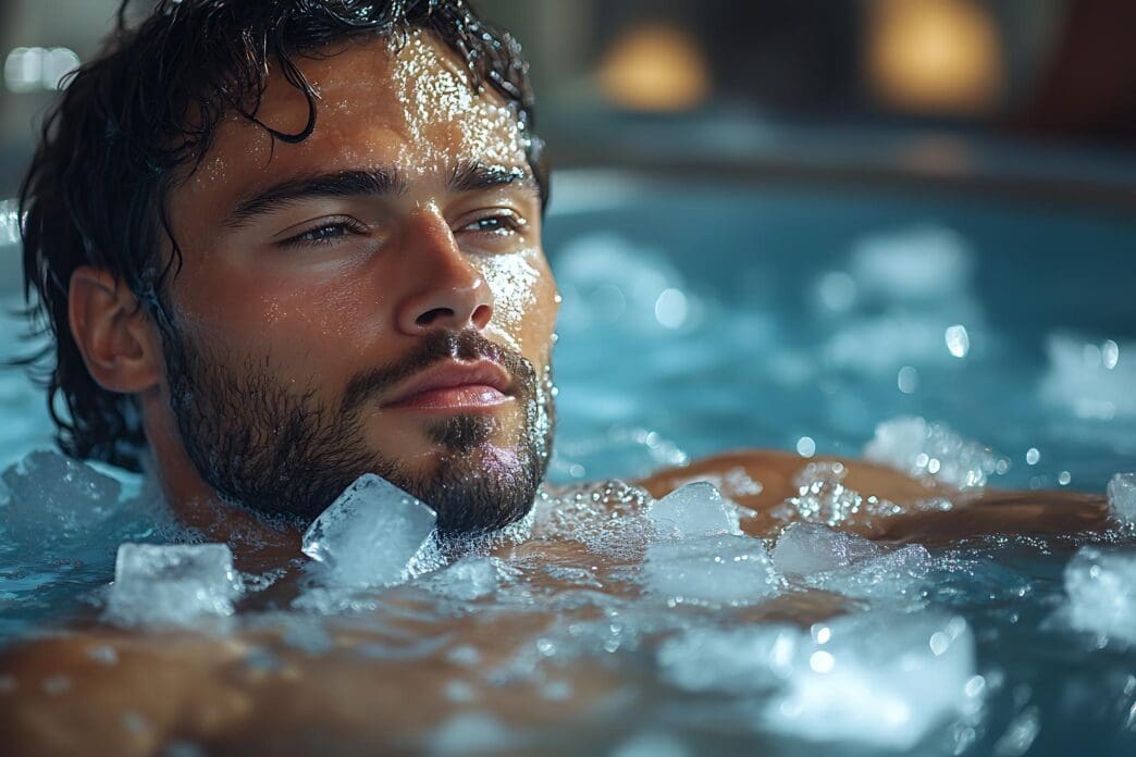 Men sitting in ice baths filled with ice cubes.