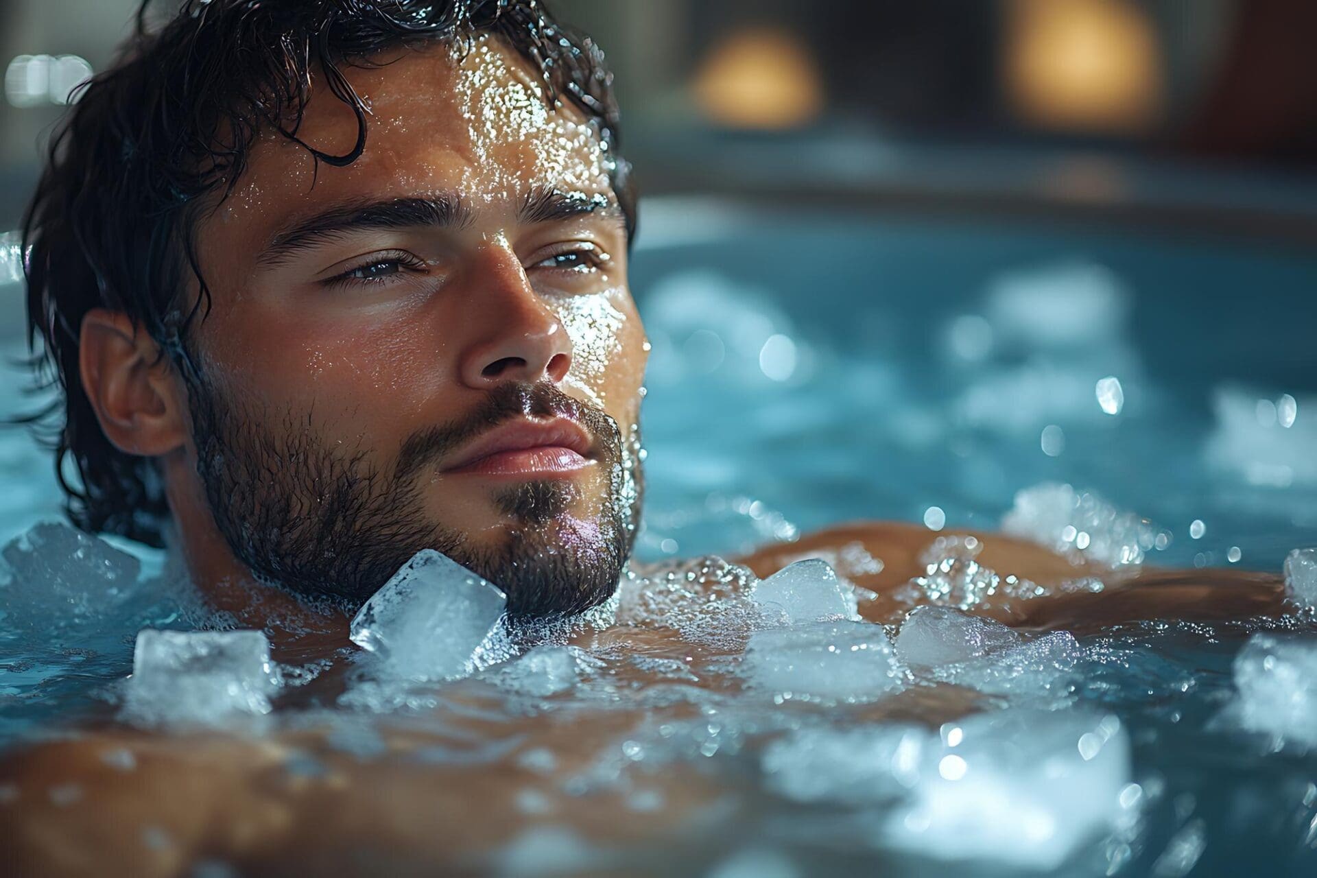 Men sitting in ice baths filled with ice cubes.