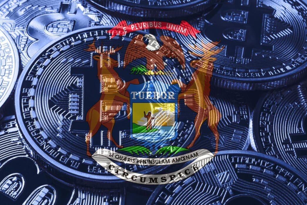 A blue flag with a gold bitcoin symbol in the center, representing the concept of cryptocurrency in Michigan.
