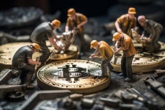 A person in a mining helmet mines a physical Bitcoin cryptocurrency with a pickaxe in front of a computer screen displaying mining data.