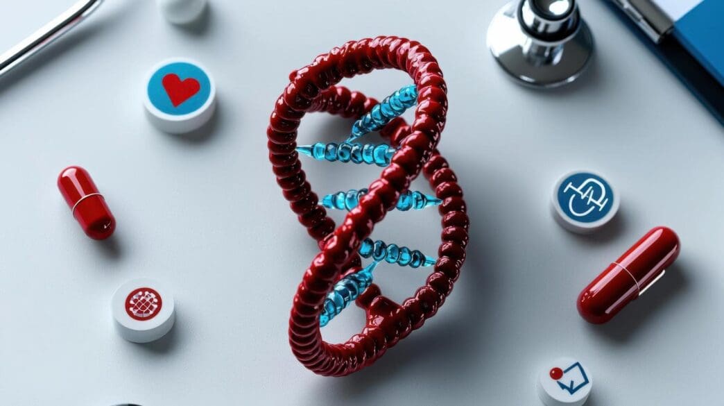 A minimalist graphic shows a DNA helix interwoven with medical and digital icons on a white background.