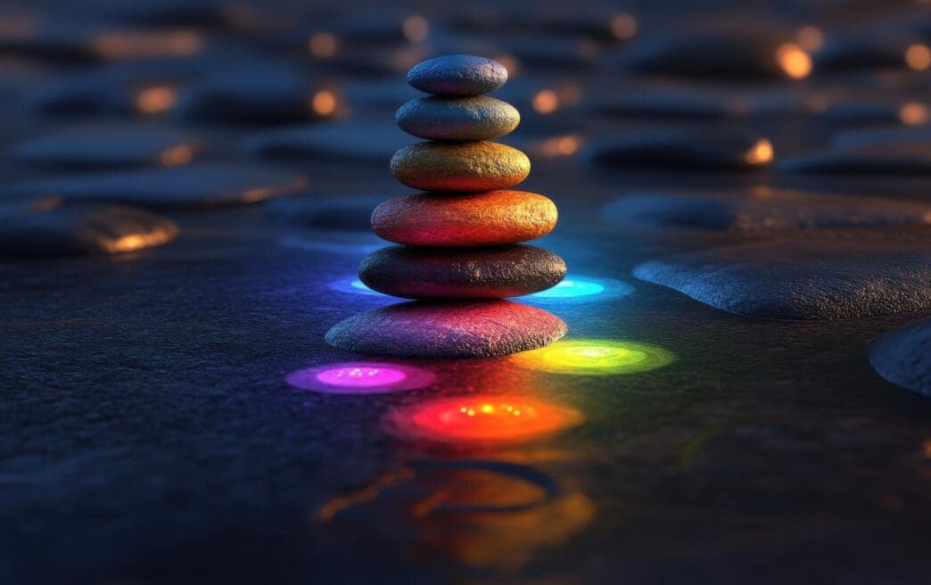 A minimalist design shows stones stacked in harmony, each stone glowing in a different color.