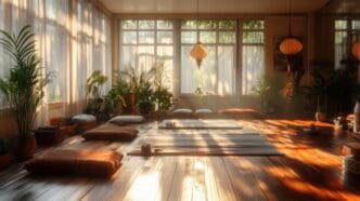 A bright, minimalist yoga studio features natural light, wooden accents, and simple decor.