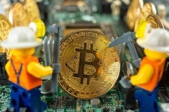 A graphic depicts a stylized Bitcoin symbol being mined by a pickaxe.