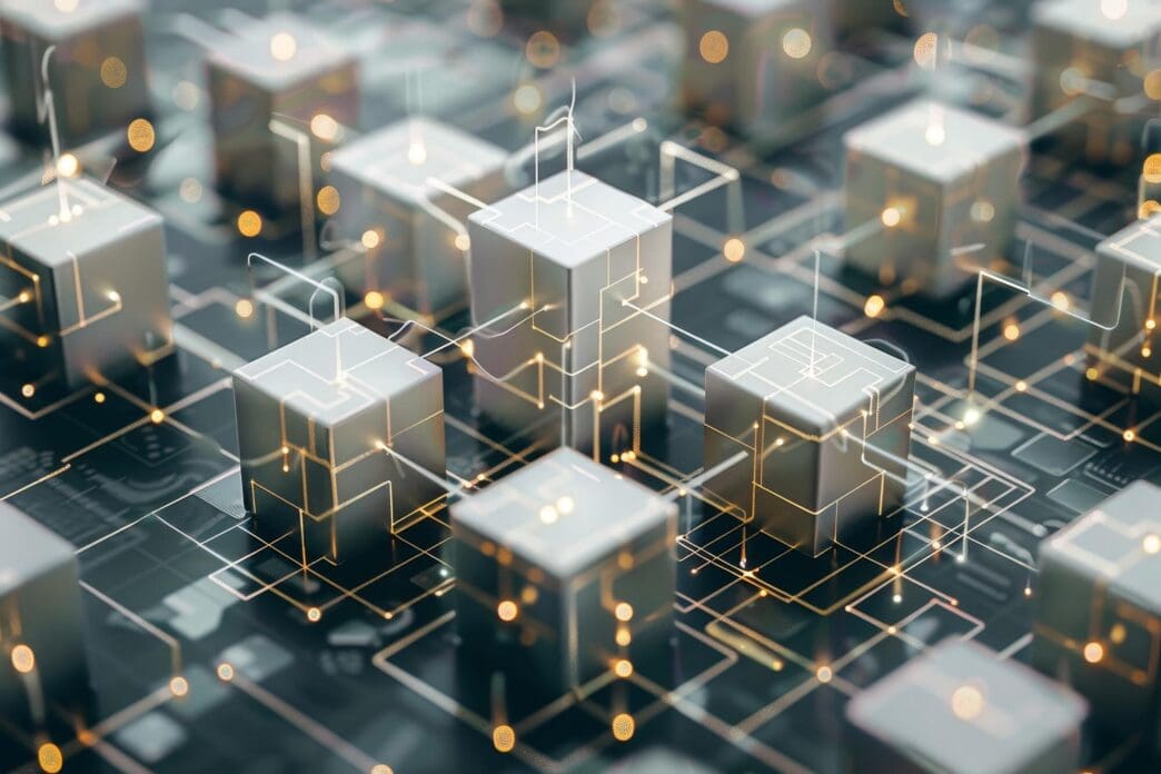 Interconnected white blocks and glowing lines represent advanced technology and data connectivity.