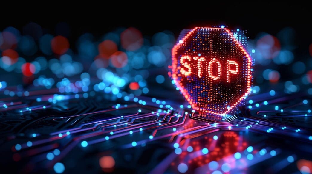 A modern STOP sign is constructed from glowing dots against a circuit board background, representing digital detox.