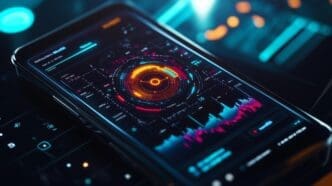 Modern smartphone screen displaying a data analytics interface with colorful patterns at night.