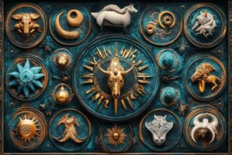 A tapestry depicts the signs of the zodiac in gold against a blue background.