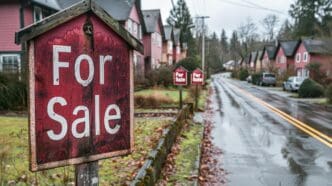 A residential neighborhood features numerous "For Sale" signs, indicating a high rate of property turnover and market instability.
