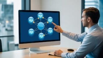 A network administrator points to nodes and connections on a topology diagram.