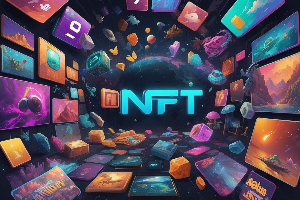 A digital interface displays an NFT marketplace with various digital assets.
