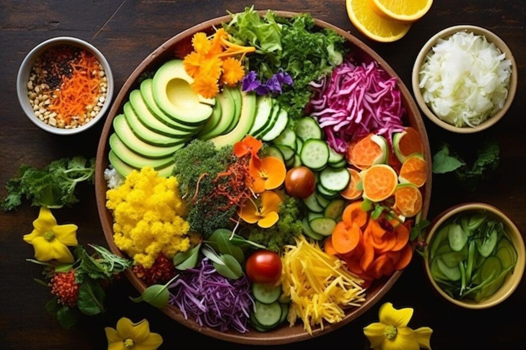 Overhead view of a Buddha bowl filled with a colorful and healthy salad.