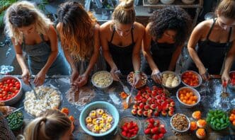Overhead view of a cupcake decorating workshop shows participants gathered around tables, actively decorating cupcakes.