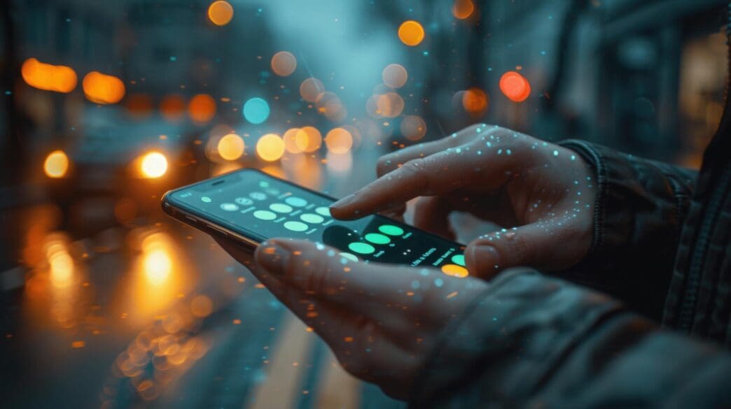 A person holds a smartphone with a brightly lit screen against a blurred backdrop of city lights.