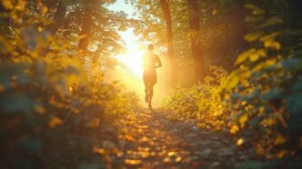 A person jogs on a forest path illuminated by the warm glow of the setting sun.