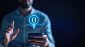 Person using a smartphone with a holographic microphone icon, likely interacting with voice-assisted technology related to podcast revenue or monetization.