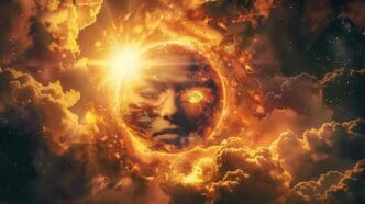 A person's face, framed by clouds, is bathed in sunlight.