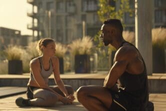 A personal trainer assists a client with an exercise outdoors.