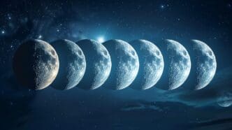 Phases of the moon are depicted in a circular pattern against a black background.