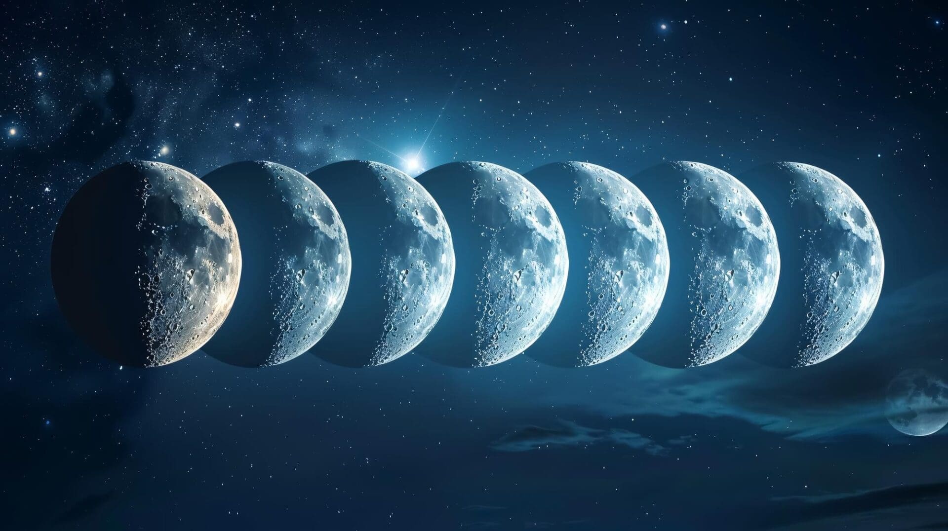 Phases of the moon are depicted in a circular pattern against a black background.