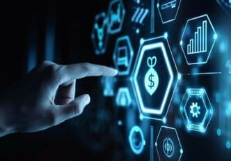 A hand touches a glowing, futuristic screen displaying a digital financial interface.