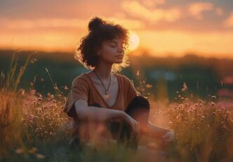 A young woman sits in a field in a meditative yoga pose.