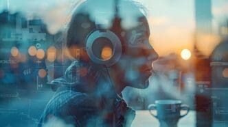 Double exposure depicts an American digital nomad, wearing headphones and using a tablet, with a coffee cup, overlaid with scenes representing their lifestyle.