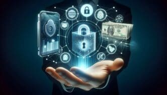 Photo of a hand interacting with a holographic banking app interface displaying security icons.