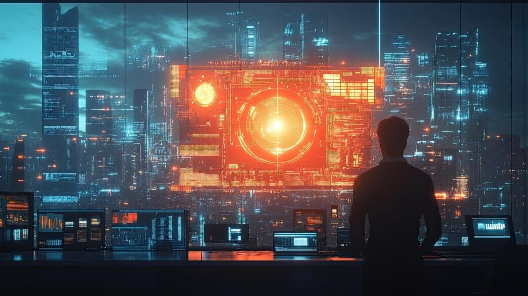 A doctor consults a holographic interface displaying patient data, diagnostics, and treatment plans, demonstrating how AI technology is revolutionizing healthcare.