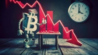 A physical bitcoin coin stands on a wooden table in front of a red graph depicting a bear market.