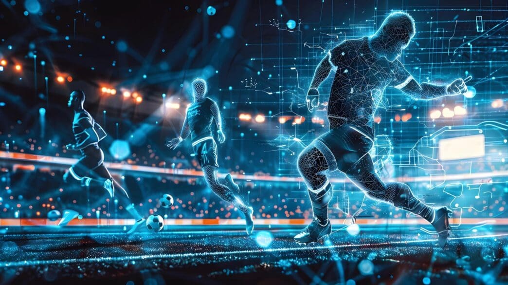 Two athletes run across a stage, with "soccer league" displayed on the left.