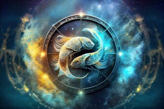 A stylized graphic depicts the Pisces zodiac symbol, two fish swimming in opposite directions.